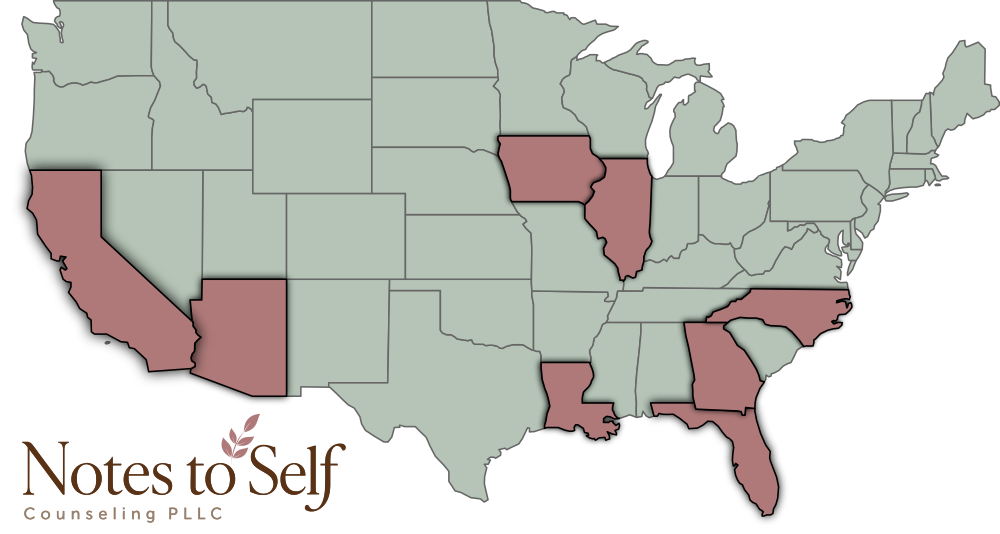 Map of the United States with licensed states highlighted: Illinois, Georgia, Louisiana, Arizona, Iowa, Florida, North Carolina, and California